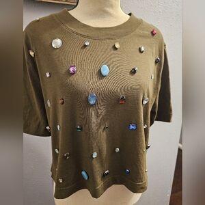 J. Crew Olive Green Jeweled Short Sleeve Teeshirt